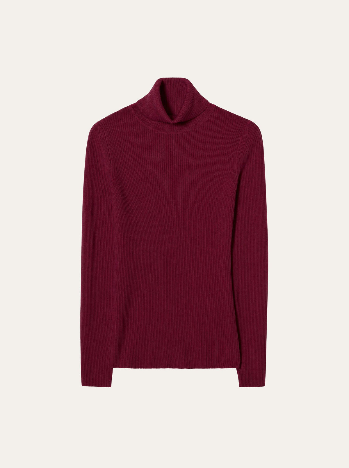 A We Norwegians Geilo TurtleNeck women’s ribbed long-sleeve merino wool sweater is laid flat on a plain light background.