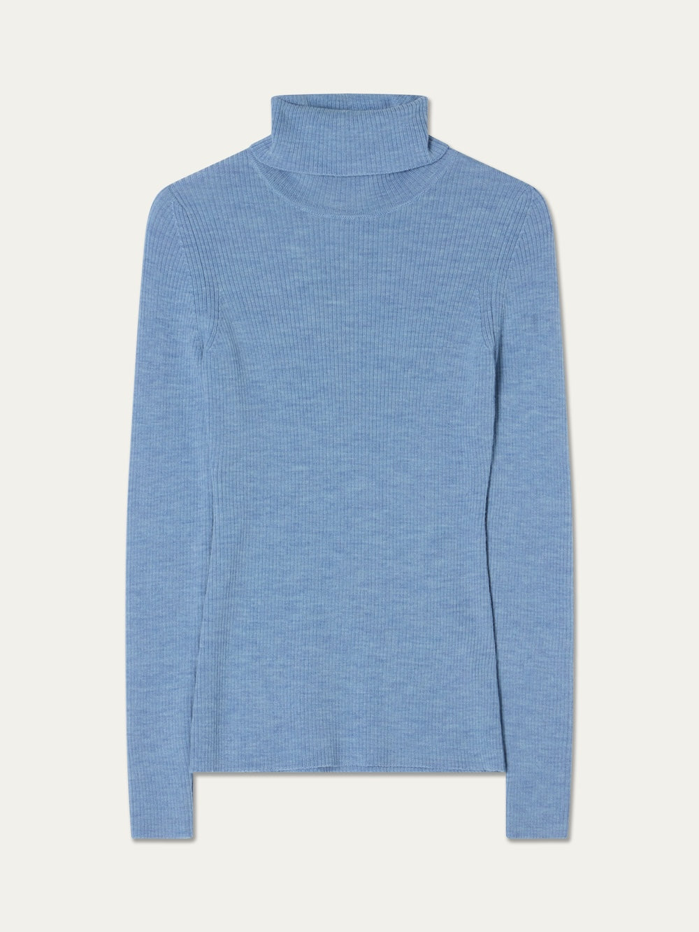 The We Norwegians Geilo TurtleNeck for women in light blue, featuring long sleeves and a ribbed roll neck design, is laid flat on a white background.