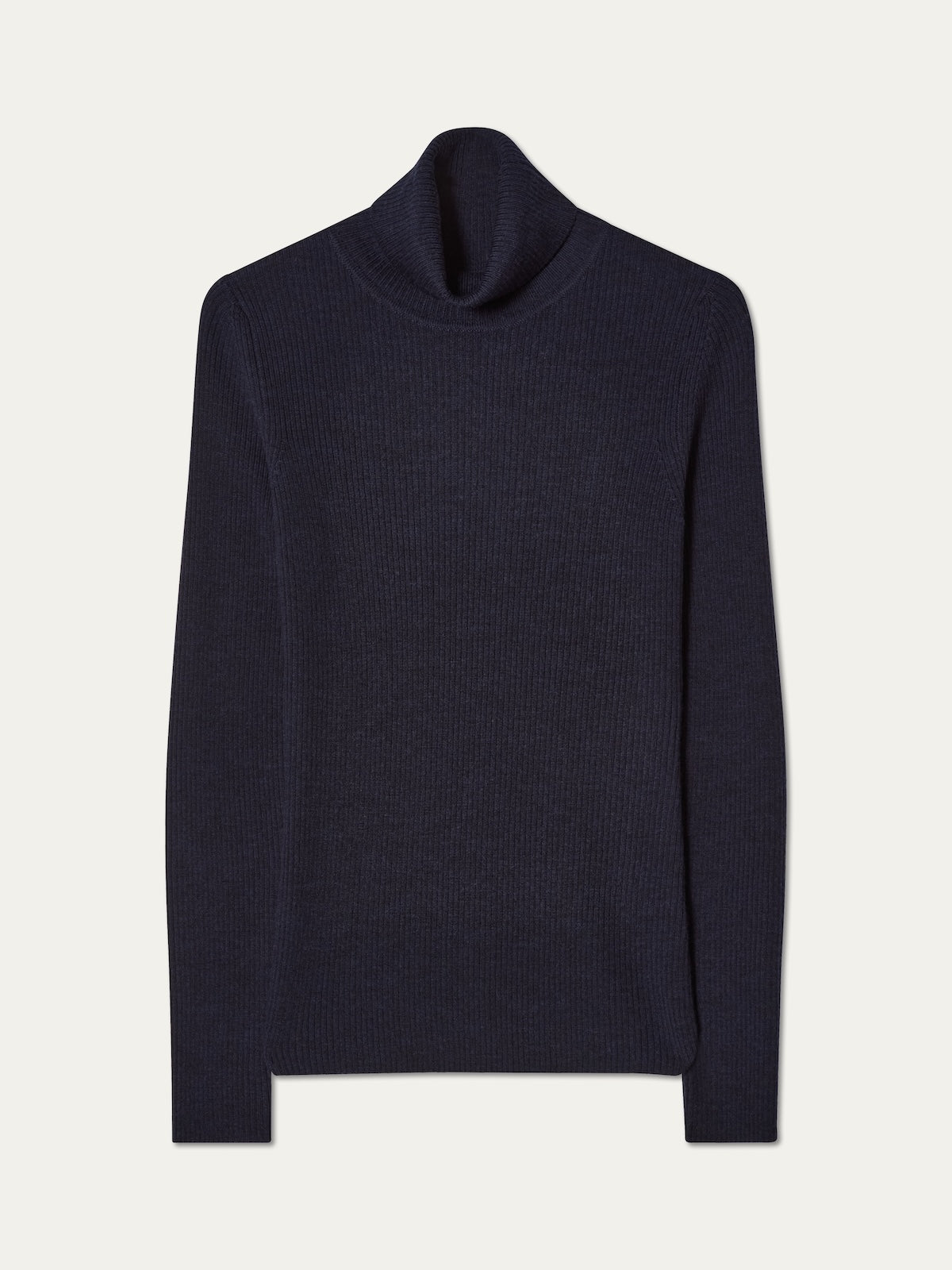 We Norwegians Geilo TurtleNeck women in navy blue merino wool, featuring a ribbed knit, roll neck, and long sleeves, shown laid flat on a plain white background.