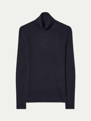 We Norwegians Geilo TurtleNeck women in navy blue merino wool, featuring a ribbed knit, roll neck, and long sleeves, shown laid flat on a plain white background.
