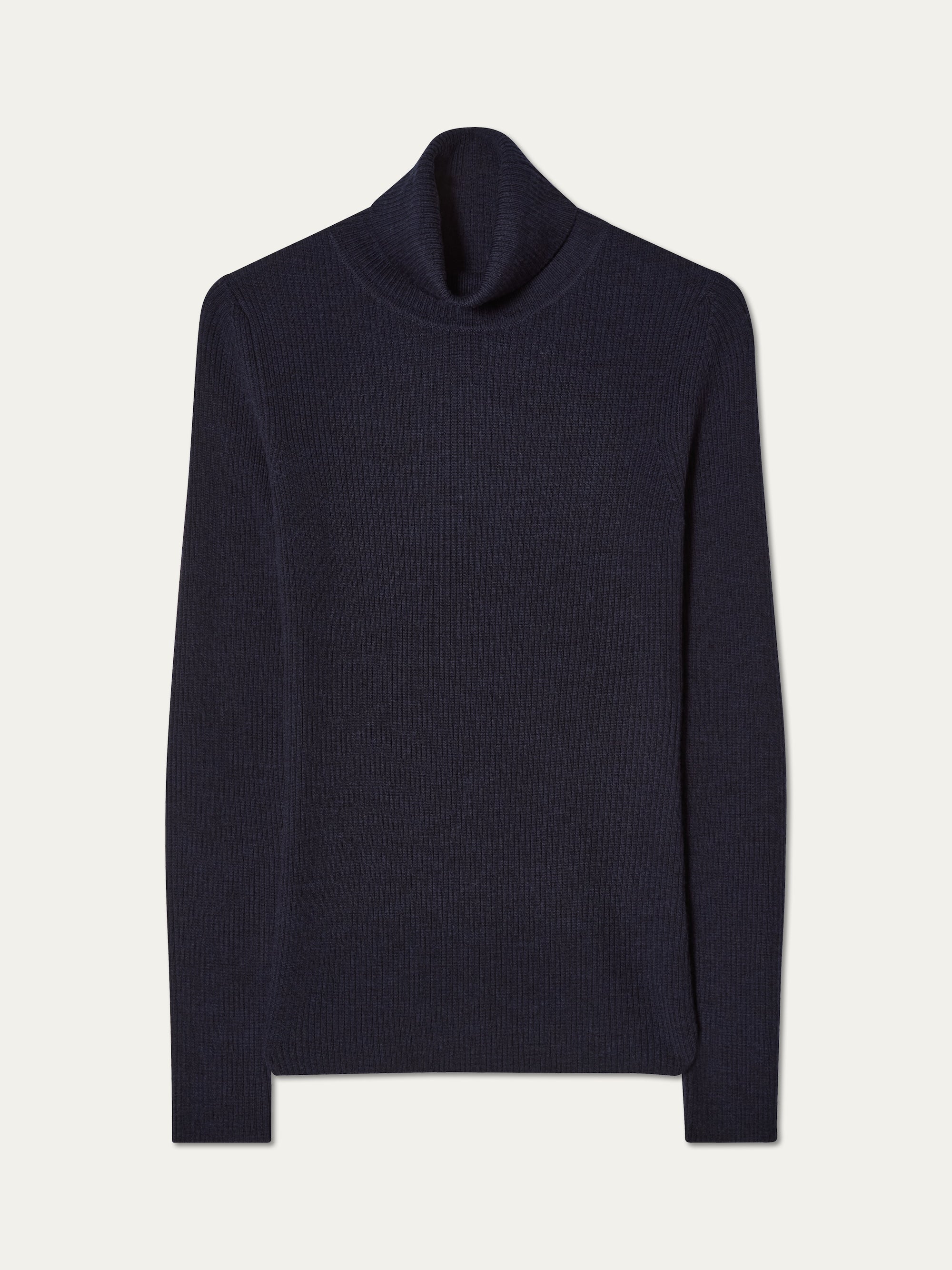 The Geilo TurtleNeck Women by We Norwegians is a long-sleeve dark navy ribbed knit top with a roll neck collar, shown laid flat on a plain white background.