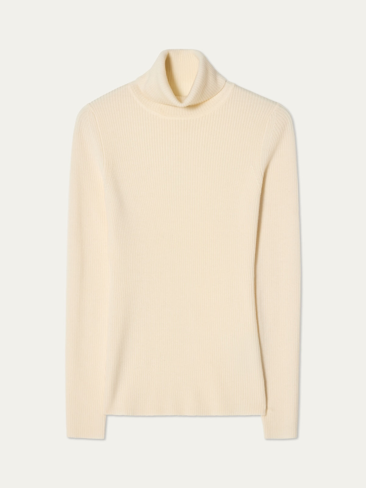 The Geilo TurtleNeck Women by We Norwegians, a cream-colored, long-sleeved merino wool turtleneck sweater, is laid flat on a white background.