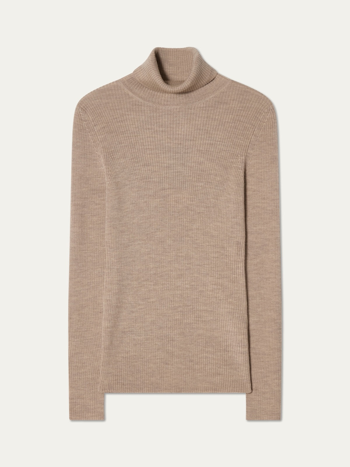 The Geilo TurtleNeck women sweater by We Norwegians, featuring a beige ribbed design with long fitted sleeves and a roll neck, is laid flat against a plain background.