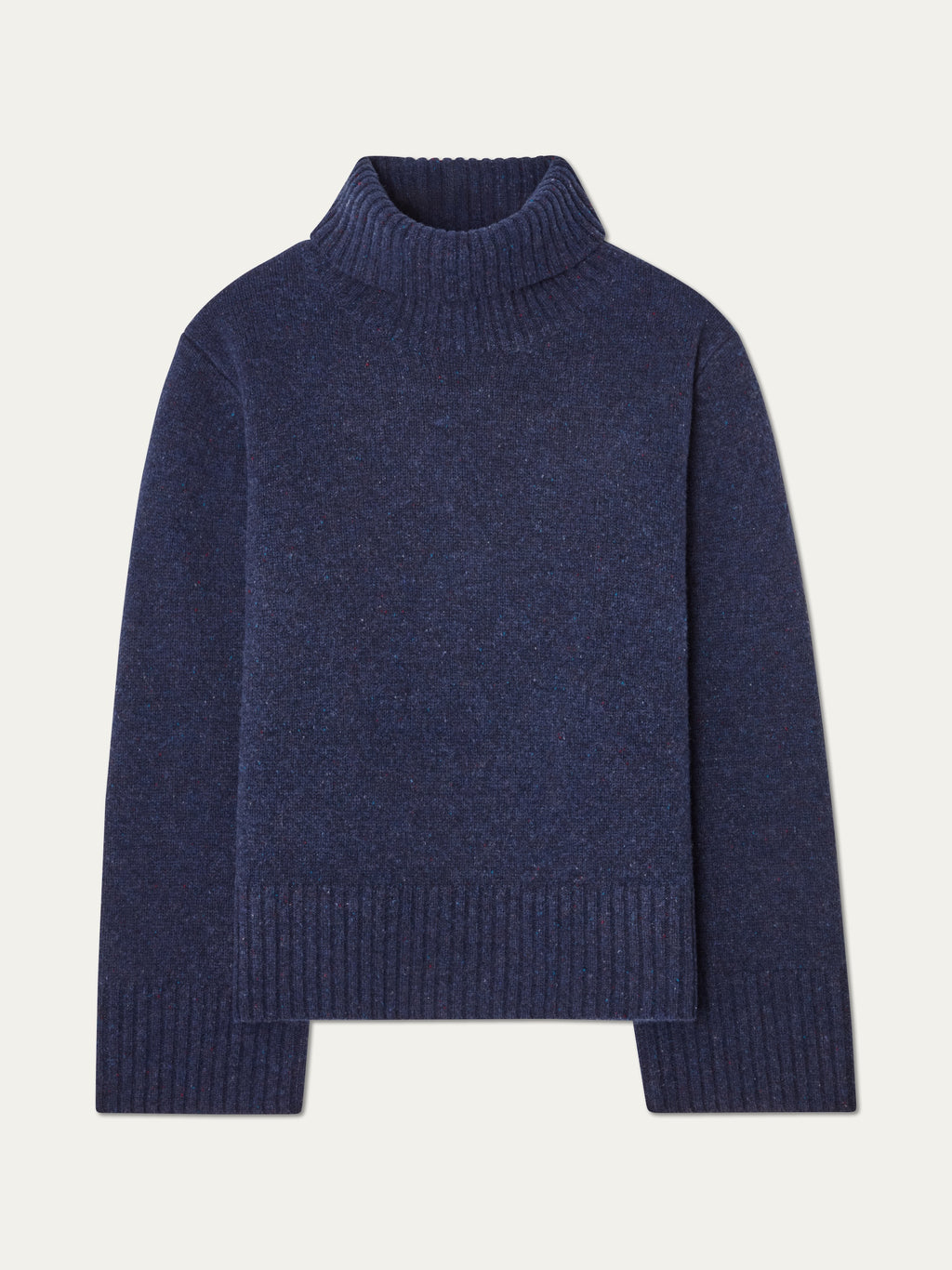 The We Norwegians Highland Sweater for women is a navy blue, long-sleeve turtleneck made from Extra Fine Merino Wool with ribbed collar, cuffs, and hem, shown on a plain white background.