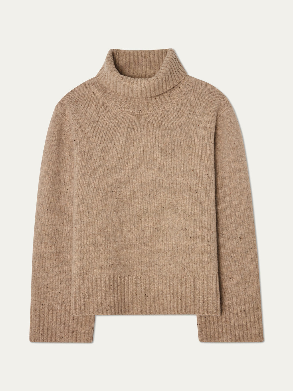 The We Norwegians Highland Sweater for women in beige, made from RWS-certified Extra Fine Merino Wool, offers long sleeves, a relaxed fit, and ribbed cuffs, hem, and turtleneck collar. Displayed flat on a white background.