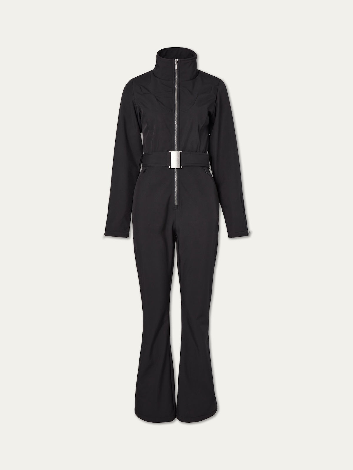 The We Norwegians Western Ski Suit Women features a black, long-sleeve, full-length design with a high collar, front zipper, flared legs, and a belted waist with silver buckle, blending après-ski chic on a plain white background.