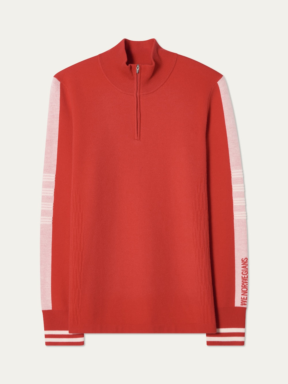 The Rocky ZipUp men by We Norwegians features vintage alpine style, a high collar, light pink and white striped sleeves and cuffs, soft Merino wool, and "WE NORWEGIANS" text on the lower left sleeve.