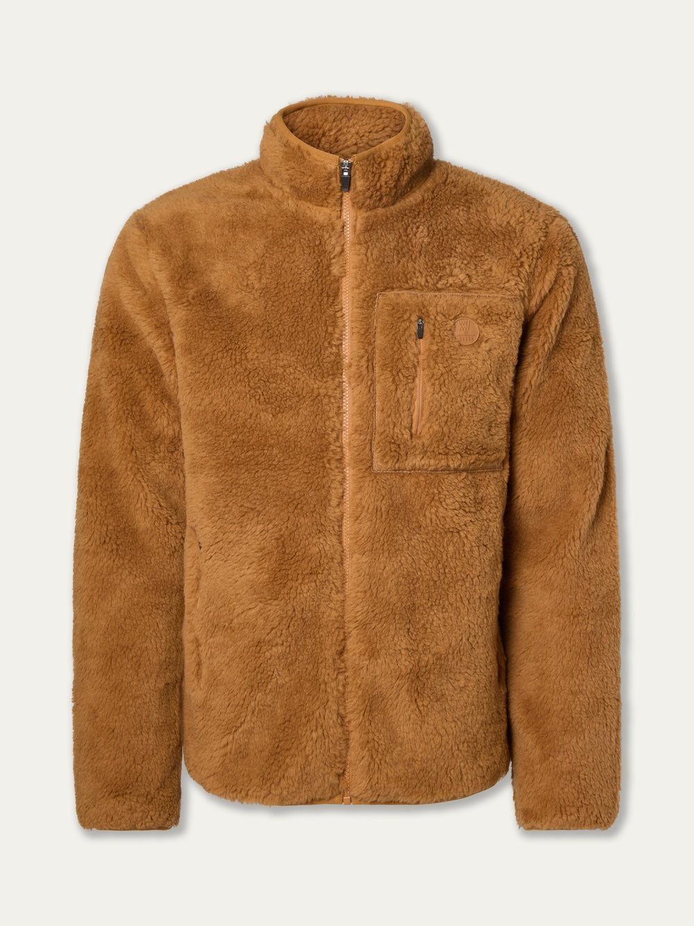 The We Norwegians Kebnekaise Jacket men is a brown sherpa fleece mid-layer with a high collar, full front zipper, and a zippered left chest pocket, shown against a plain light background.