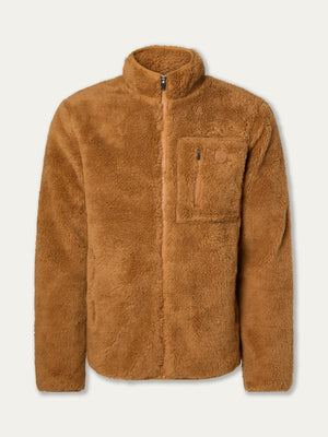 The We Norwegians Kebnekaise Jacket men is a brown sherpa fleece mid-layer with a high collar, full front zipper, and a zippered left chest pocket, shown against a plain light background.