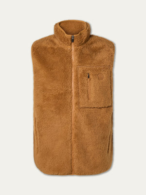 The We Norwegians Kebnekaise Vest men, in brown wool-blend pile, features a high collar and a left zippered chest pocket—ideal as an après-ski mid-layer. Shown sleeveless against a plain light background.