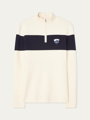 We Norwegians | FW25 | Mens Holmenkollen ZipUp_Off white | Merino/ Cotton blend - knitted sweater with a 1/4th zipper opening and badge at the front | Shot against an off-white background