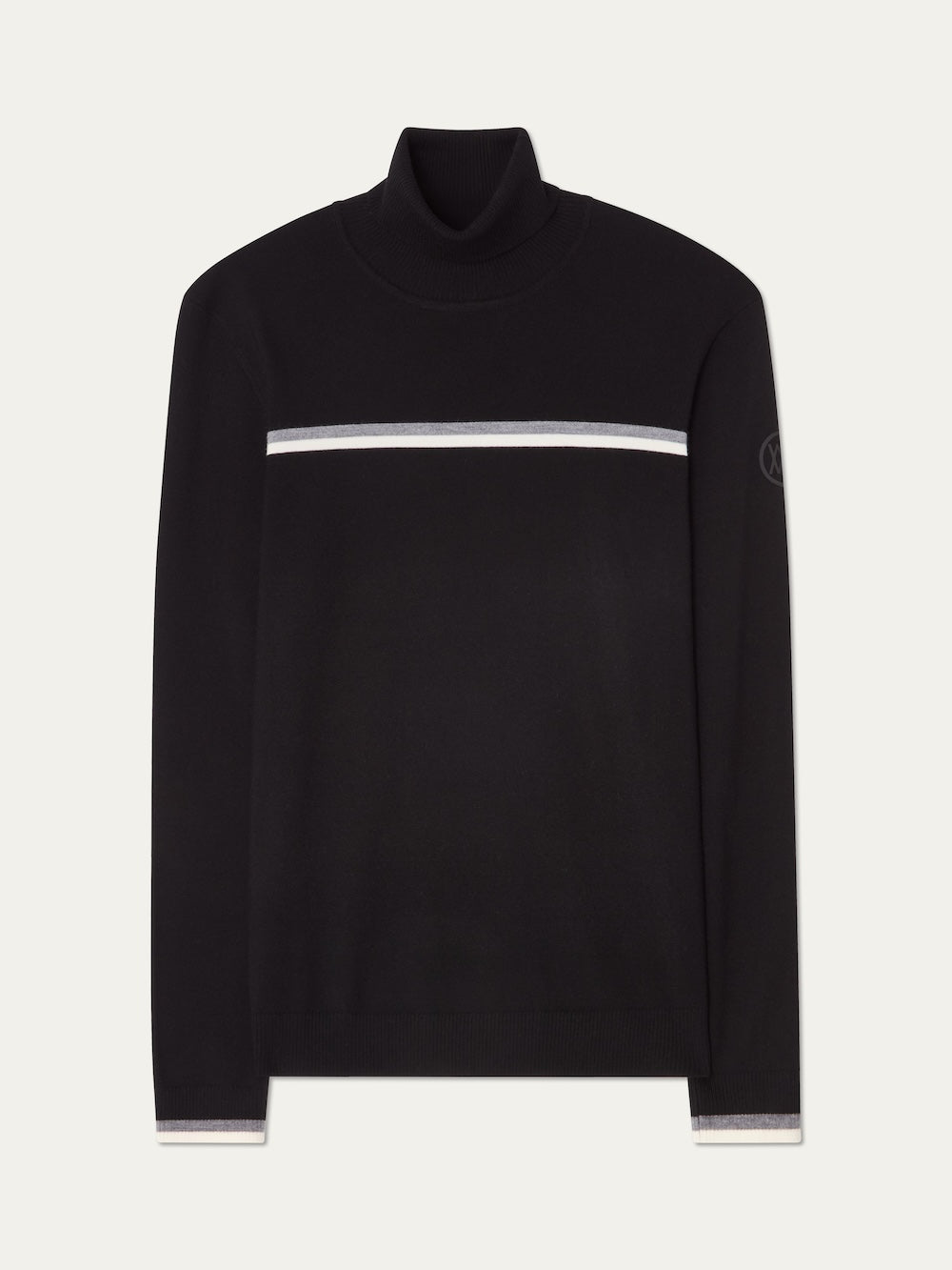 The We Norwegians FreeBird TurtleNeck men is a black merino wool sweater with long sleeves, featuring white and light gray stripes across the chest and cuffs—perfect as a stylish winter layer.