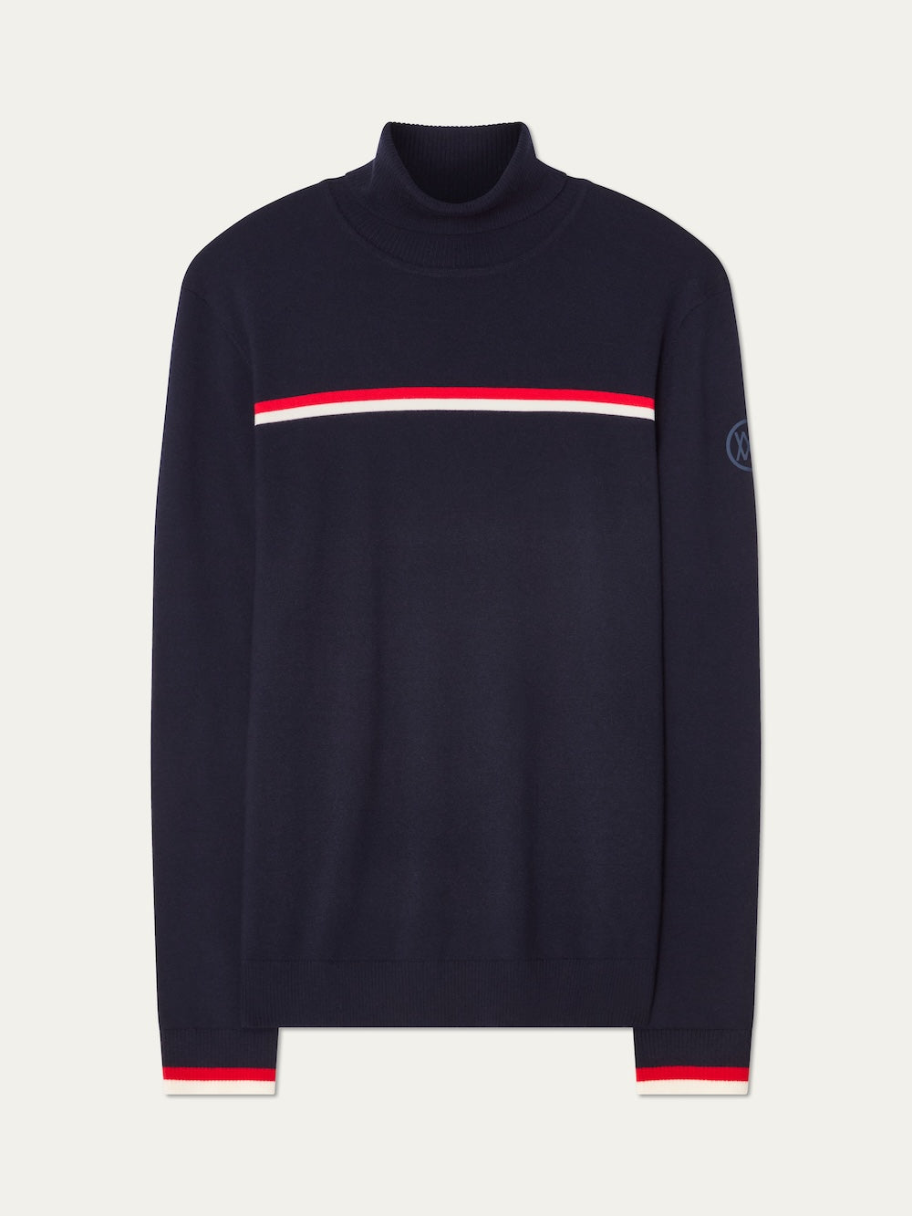The FreeBird TurtleNeck men by We Norwegians is a navy blue merino wool sweater with red and white stripes on the chest and cuffs, plus a subtle circular logo on the left sleeve—perfect for winter layering.