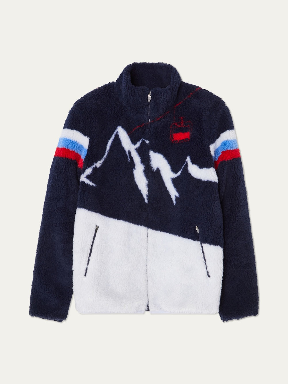 The We Norwegians Snowmass Jacket men features a fuzzy navy blue and white mountain design, red and blue sleeve stripes, a red gondola chest graphic, cozy wool-blend pile fabric, and two zippered side pockets—ideal for après ski.