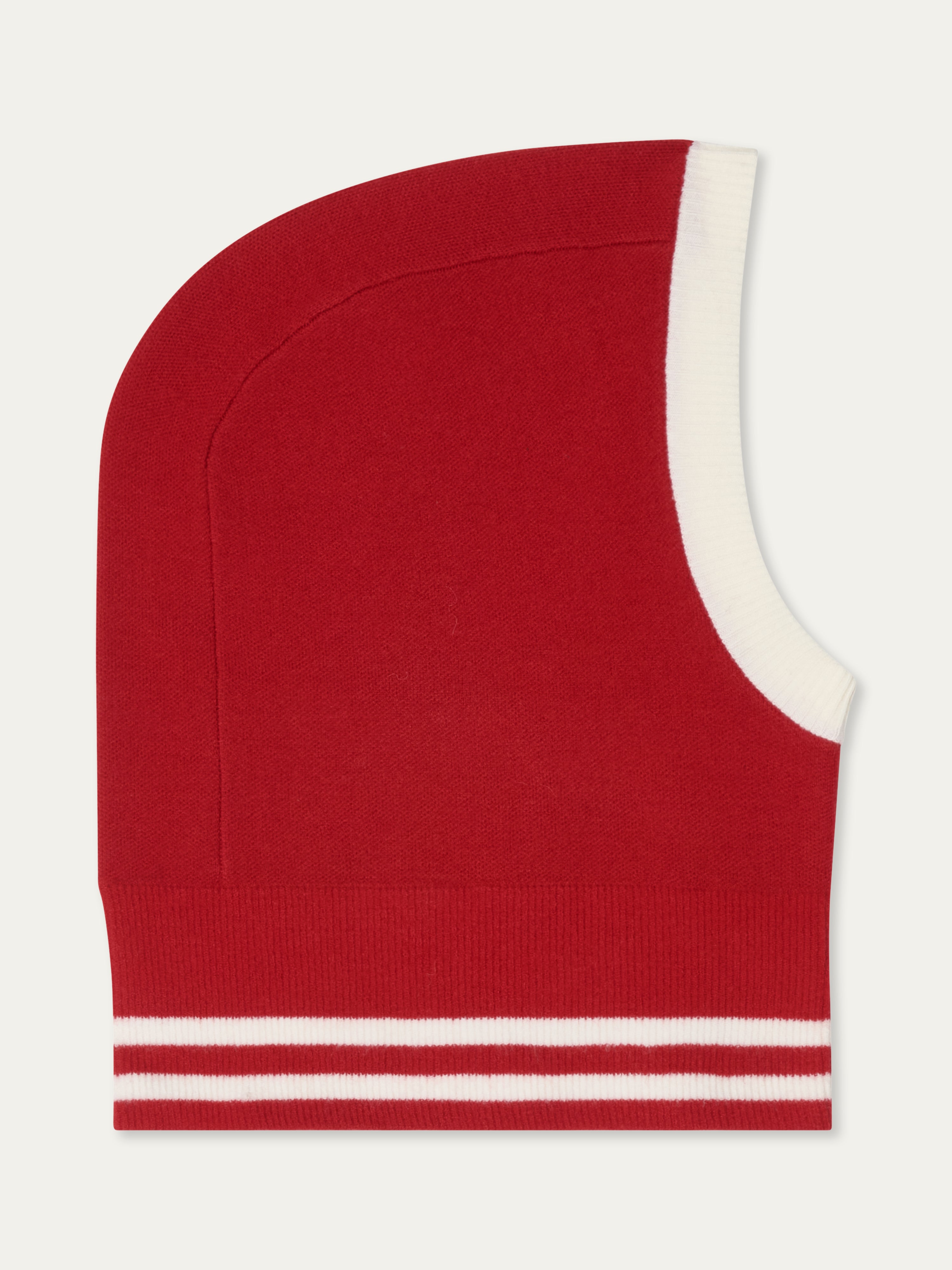 The We Norwegians Rocky Balaclava is a red winter accessory featuring white trim around the face opening and two horizontal white stripes near the bottom edge, shown against a plain background.