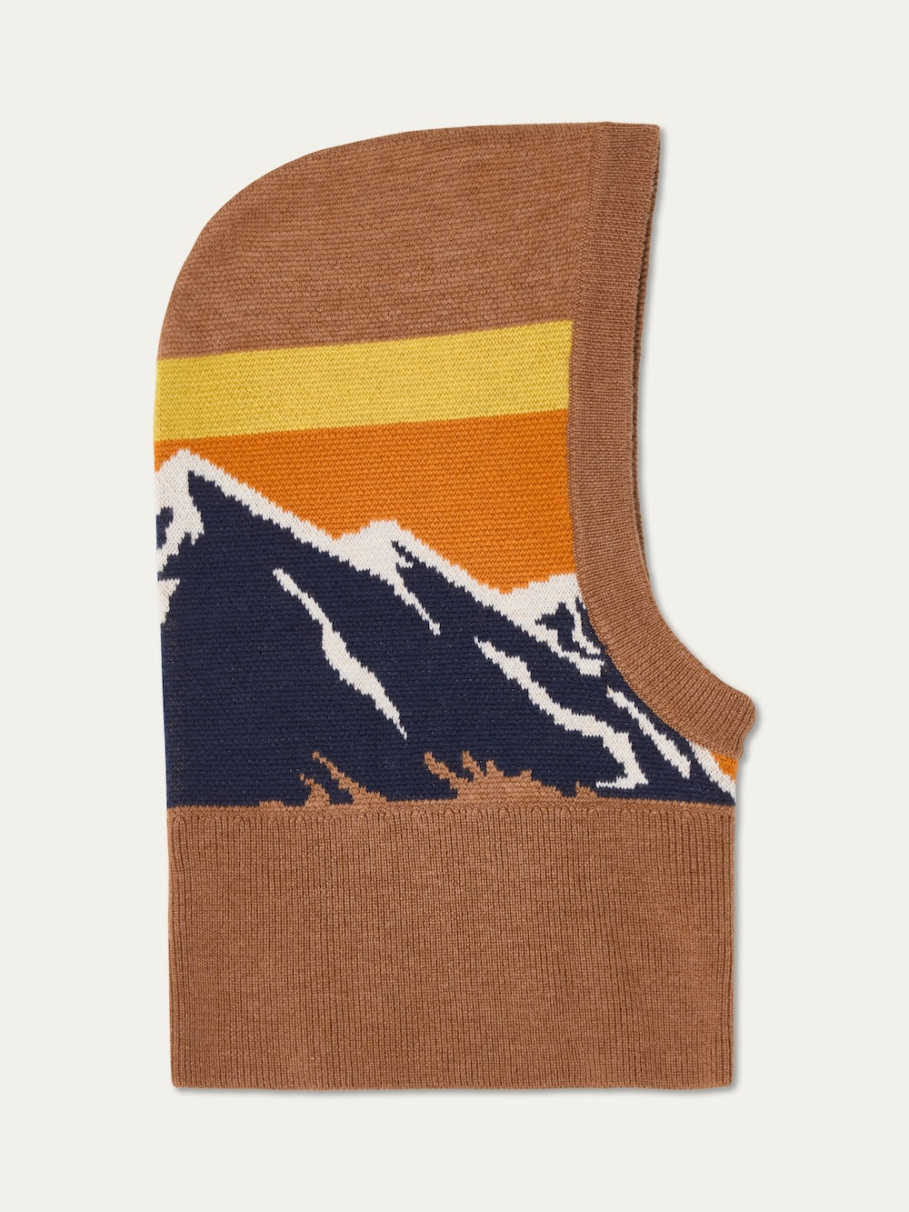 A brown sweater with mountain designs pairs perfectly with the We Norwegians Snowmass Balaclava for cozy, alpine-inspired style.