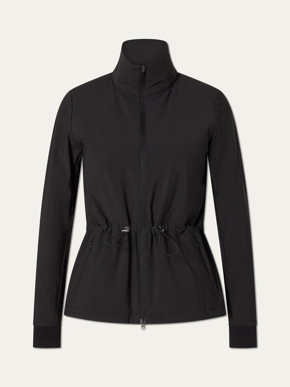 The We Norwegians Albatross Jacket Women is a black, long-sleeve stretch golf jacket featuring a high collar, front zipper, adjustable drawstring waist, and side pockets, shown on a plain light background.