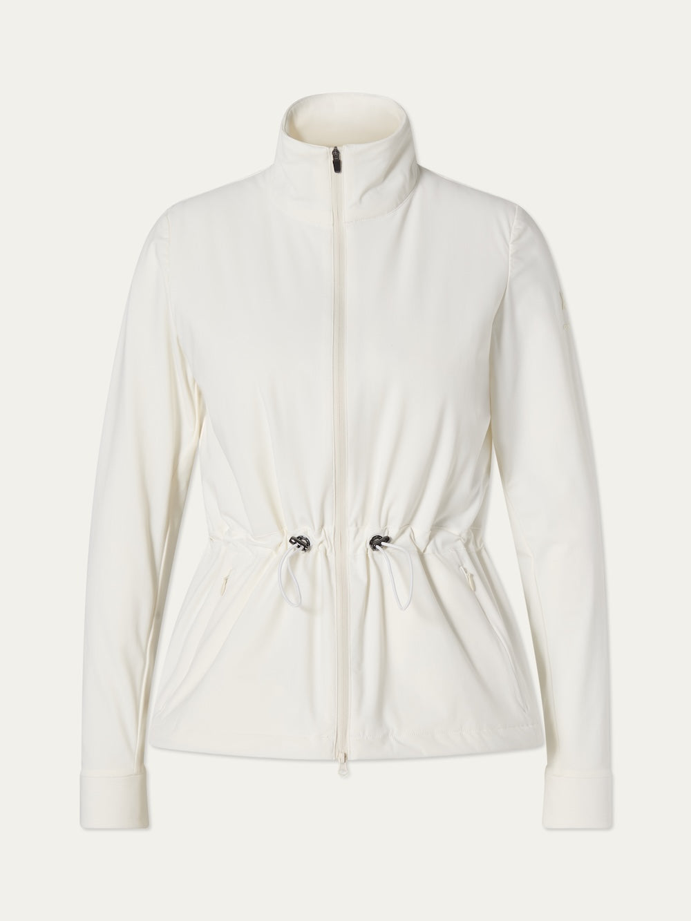 The We Norwegians Albatross Jacket Women is a white zip-up golf jacket with a high collar, long sleeves, and drawstring waist. Its minimalist design and stretch fabric offer comfort on and off the course.