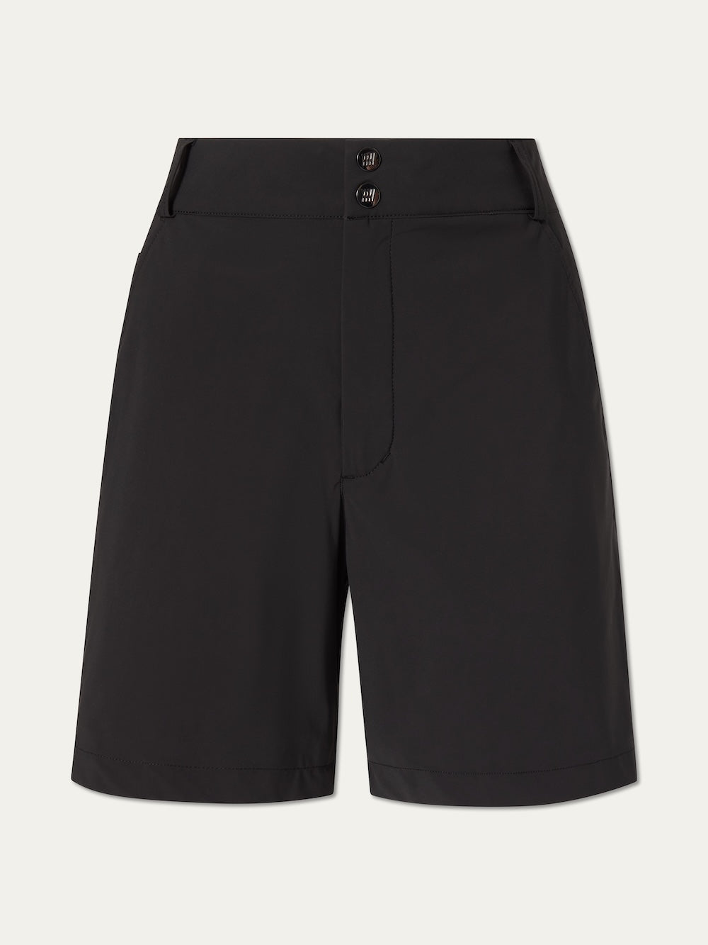 The We Norwegians Albatross Shorts Women are black golf shorts featuring 4-way stretch, a high waist, front zipper, two waistband buttons, and side pockets, shown against a plain white background.