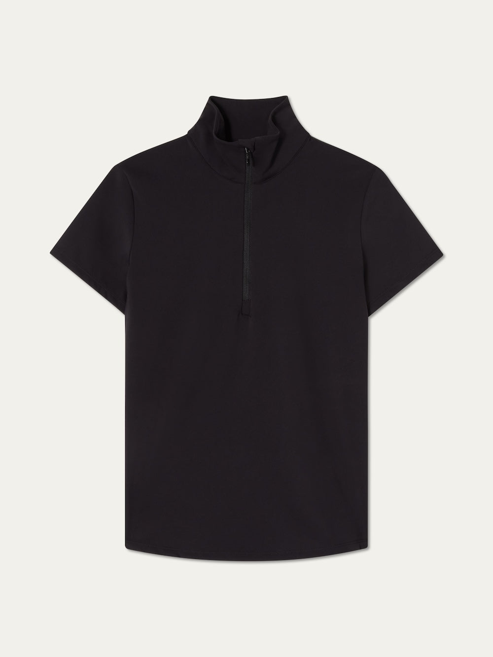 The We Norwegians Honor Zipped Top Women is a black, short-sleeve performance top with a high collar and half-zip front, displayed flat on a light background.