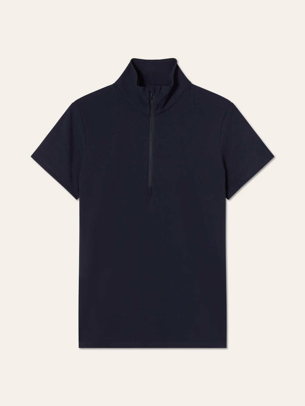 The We Norwegians Honor Zipped Top Women is a navy blue, short-sleeve athletic shirt with a high collar and front half-zip, shown laid flat on a plain white background.