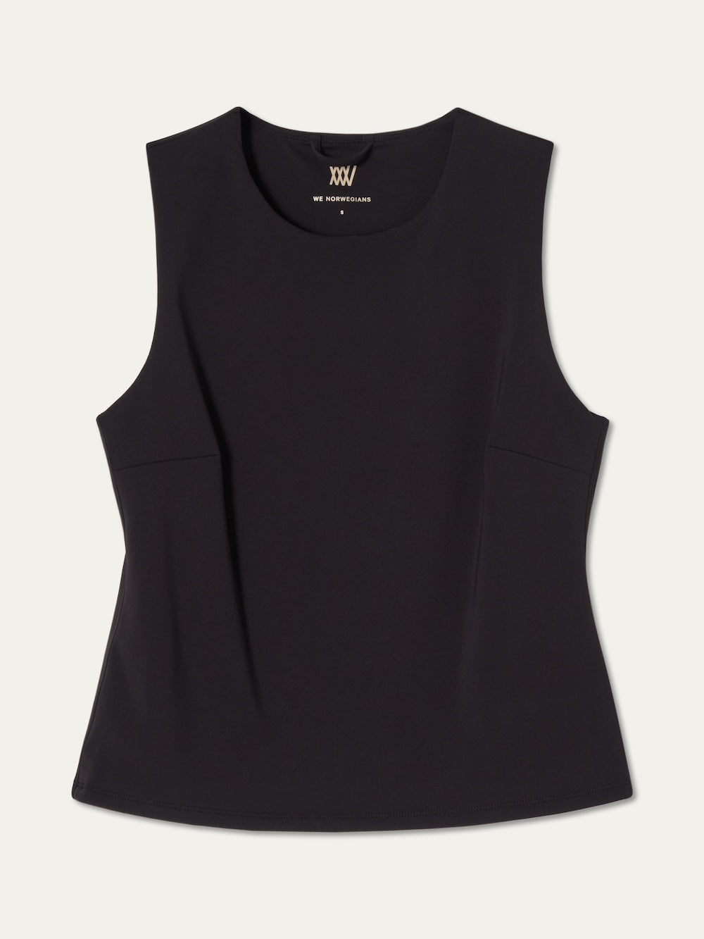 The Honor Top Women by We Norwegians is a black cropped sleeveless performance top with a crew neckline, tailored seams, and fitted silhouette, crafted from high-performance fabric and shown on an off-white background.