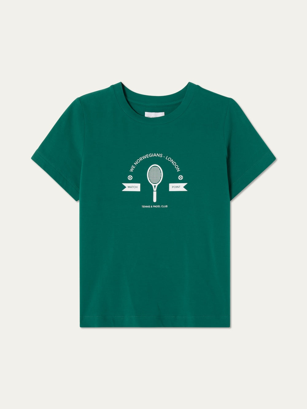 The Love Tee Women by We Norwegians is a green short-sleeve T-shirt featuring a white retro tennis graphic with a racquet and “The Wedding Giants - London, Tennis & Pique Club, Match Point.”.