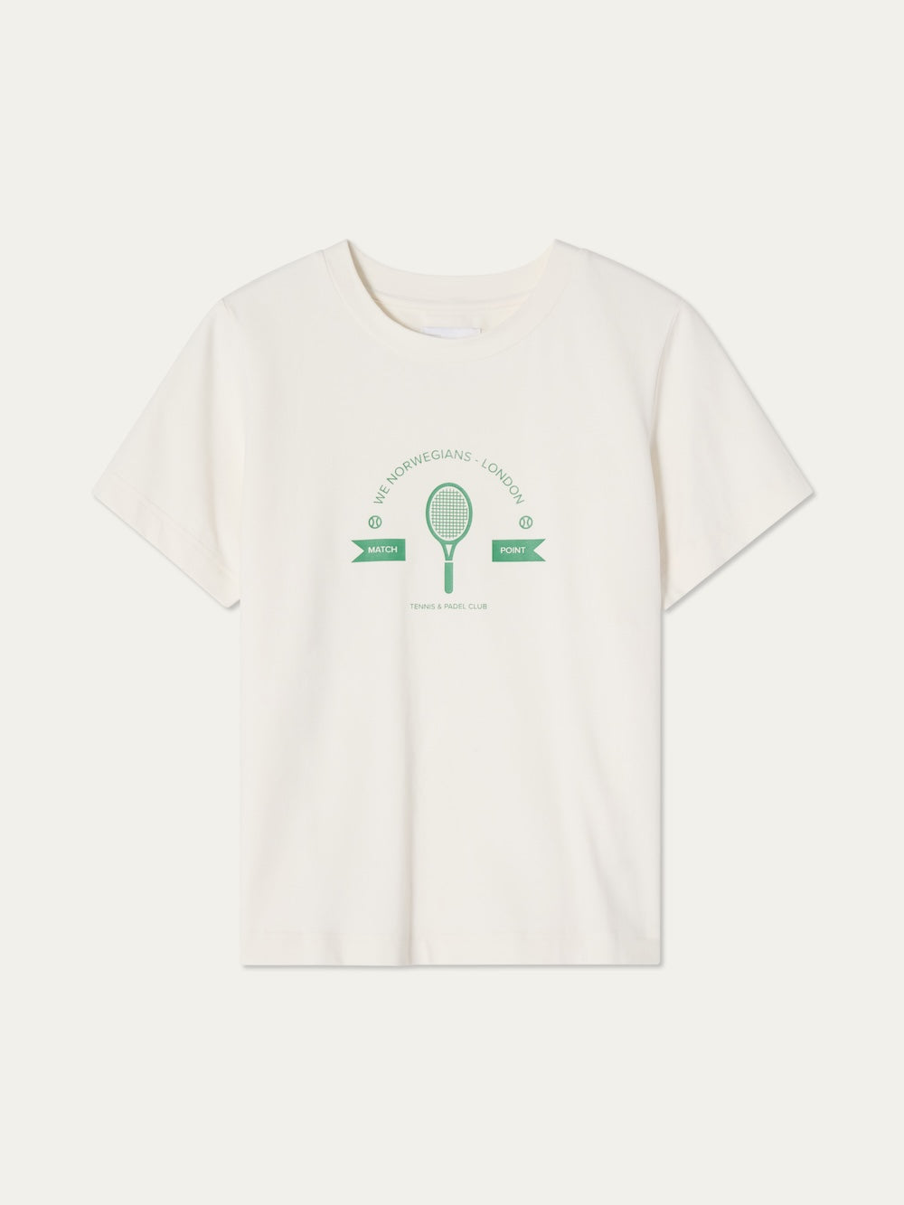 The We Norwegians Love Tee Women is a white T-shirt with a retro green tennis-themed graphic, featuring a racket and the phrases "MATCH POINT" and "Tennis & Padel Club" on the chest.