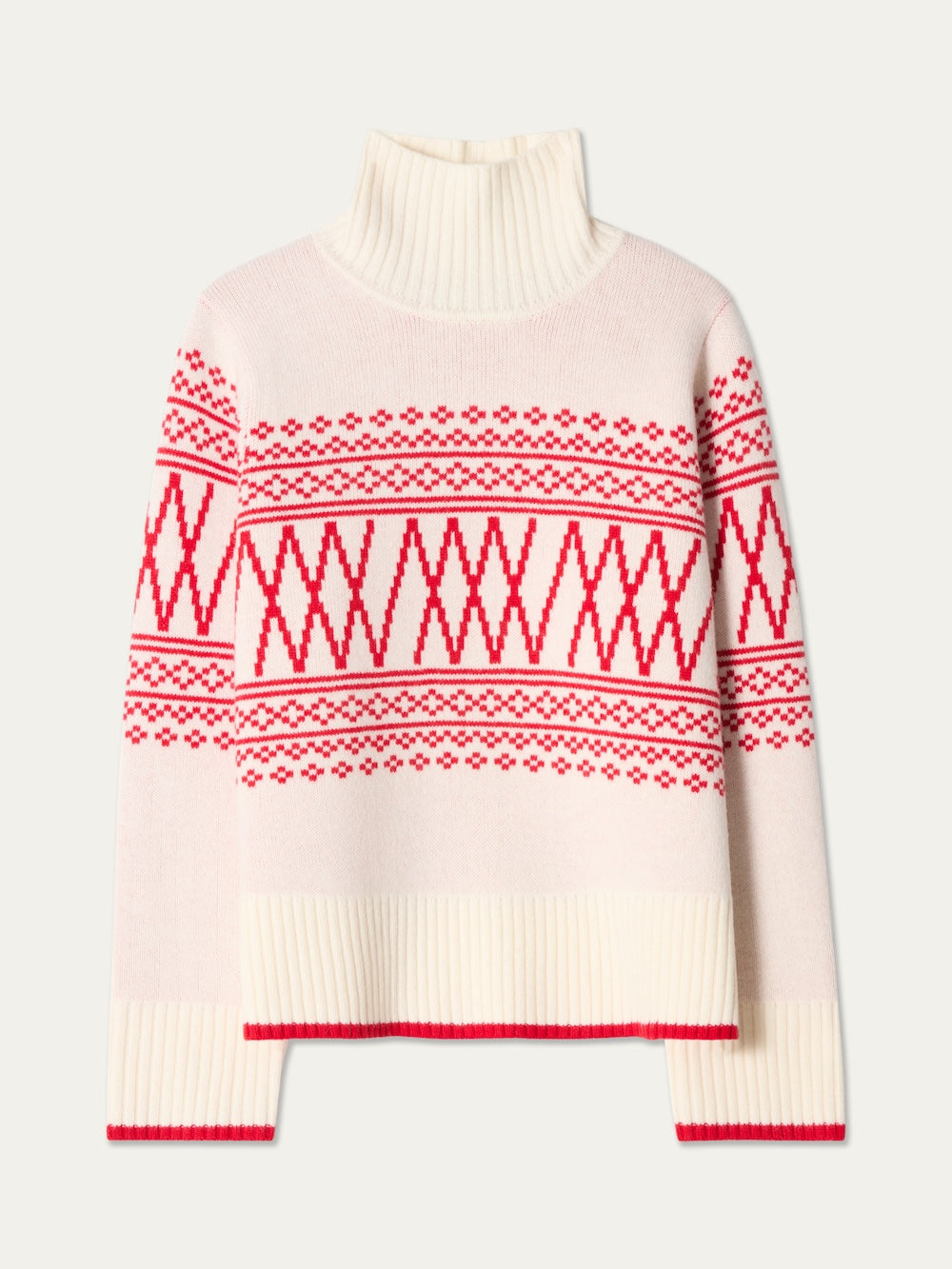 The We Norwegians Setesdal Pullover for women is a cream-colored turtleneck sweater adorned with red geometric and diamond patterns inspired by traditional Norwegian knit designs across the chest, sleeves, and hem. Ribbed cuffs and hem add a cozy finish.