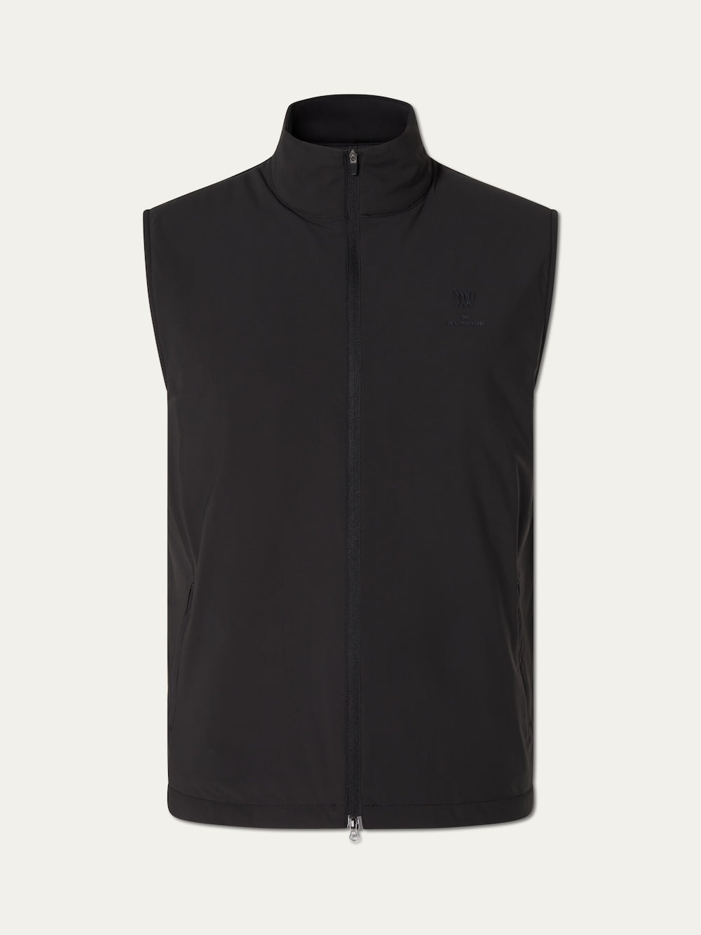 The We Norwegians Albatross Vest Men is a lightweight, sleeveless black zip-up golf vest with a high collar and minimalist design, perfect for layering on or off the course. Shown on a plain white background.