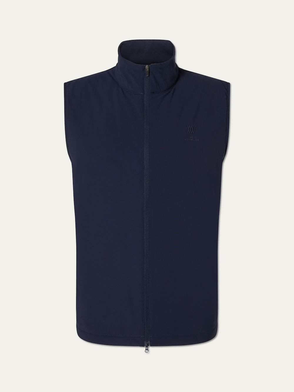 The We Norwegians Albatross Vest Men is a sleeveless, navy blue lightweight golf vest featuring a high collar, minimalistic design, and a subtle embroidered logo on the left chest, shown against a plain white background.