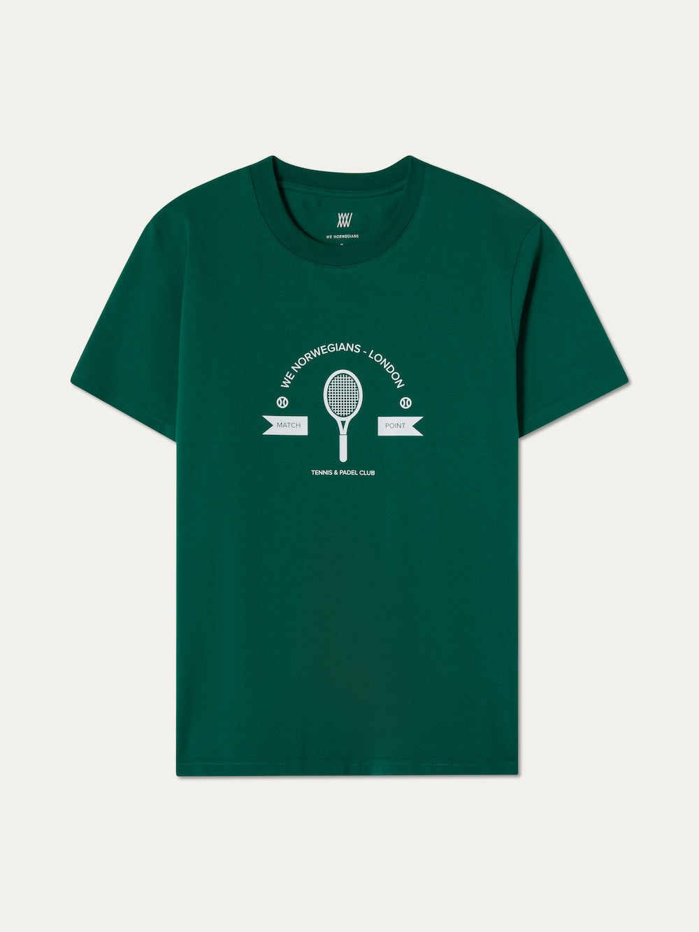 The Love Tee Men by We Norwegians is a green vintage-style tennis T-shirt with a white graphic of a racket, two balls, and "The Norwegians - London Tennis & Padel Club" text—ideal for fans of retro tennis and classic style.