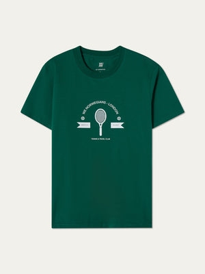 The Love Tee Men by We Norwegians is a green vintage-style tennis T-shirt with a white graphic of a racket, two balls, and "The Norwegians - London Tennis & Padel Club" text—ideal for fans of retro tennis and classic style.