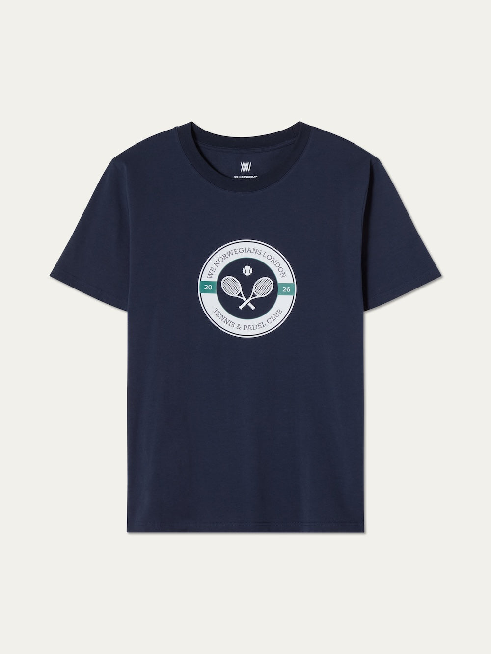 The Love Tee Men by We Norwegians is a navy blue cotton T-shirt with a central round emblem of crossed rackets, tennis balls, and "The Norwegians Society Tennis & Padel Club 2024," inspired by vintage tennis posters.