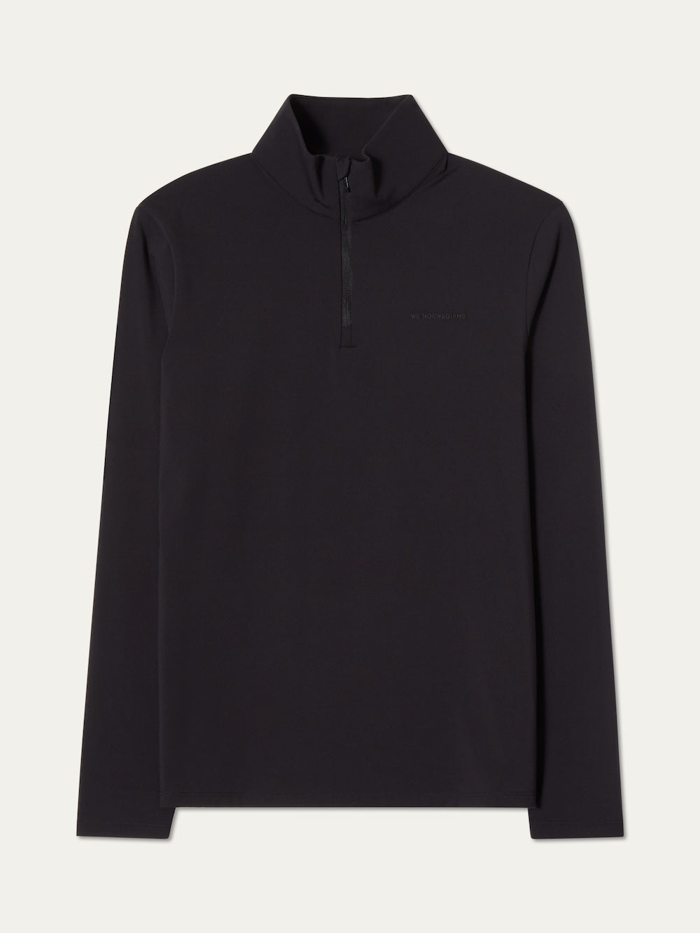 Black long-sleeve shirt with a quarter zip on a light background