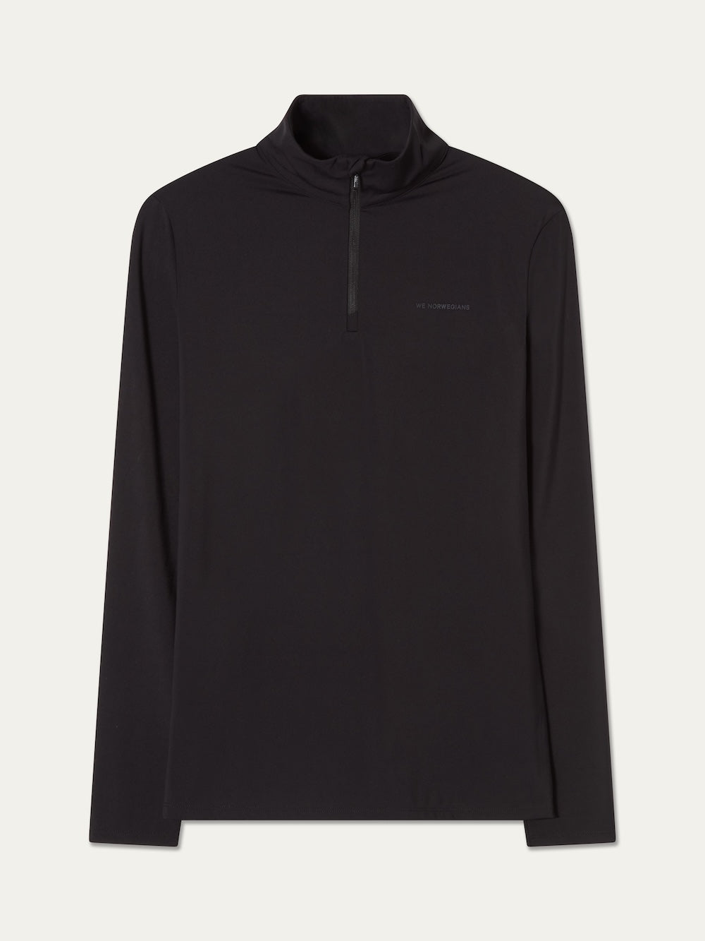 The We Norwegians Honor Zipped Long Sleeve Men is a sleek black pullover made from high-performance, moisture-wicking fabric, featuring a half-zip front and a mock neck, shown against a white background.
