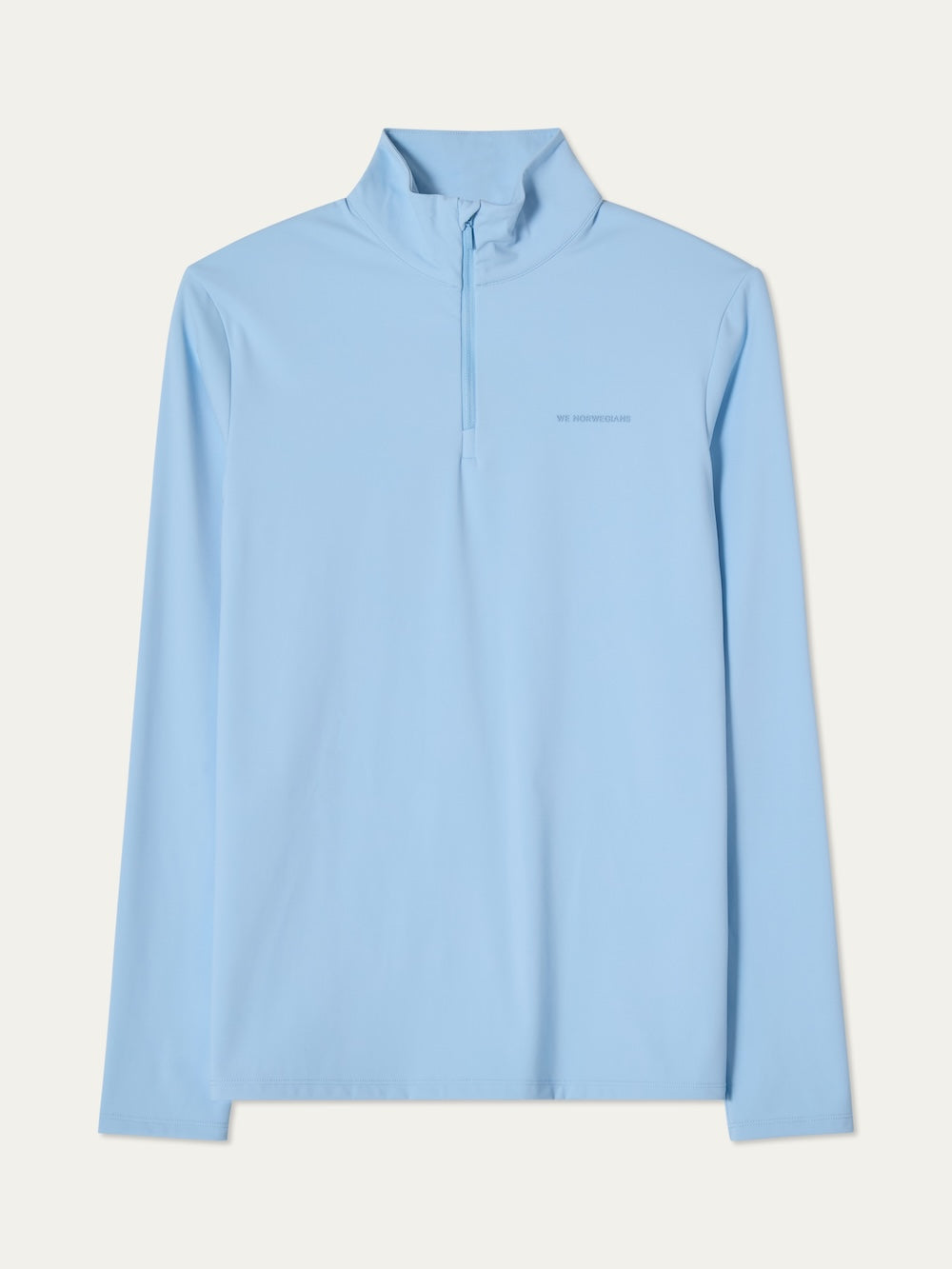 Light blue long-sleeve shirt with a zipper on an off white background