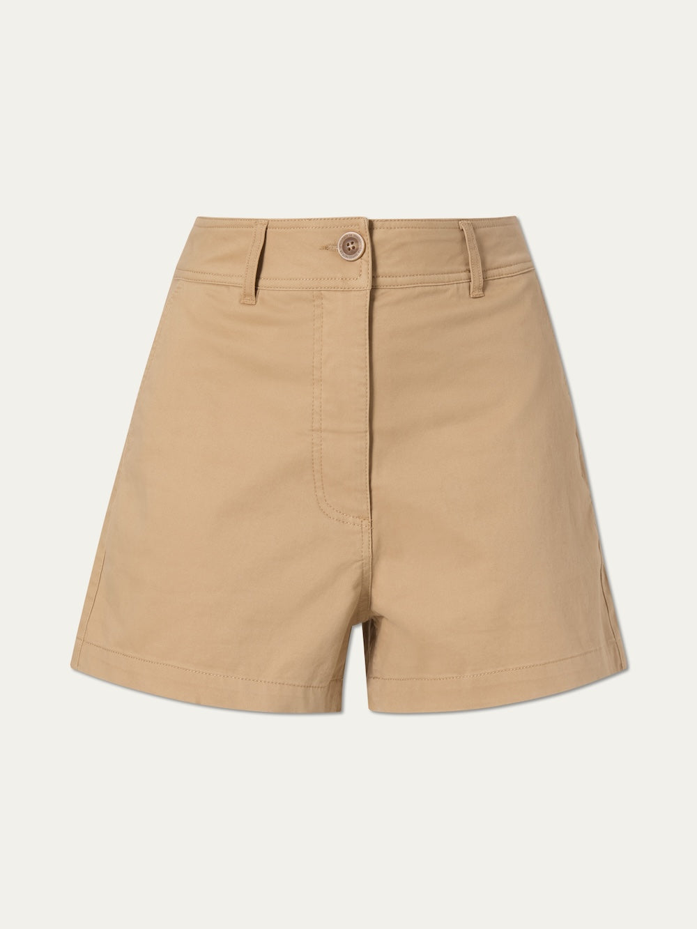 The Sol Shorts Women by We Norwegians are beige high-waisted summer shorts featuring a front button and zip, belt loops, and side pockets, crafted from a soft cotton-blend fabric and shown on a plain white background.