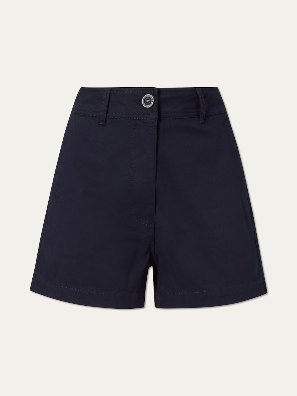 The Sol Shorts Women by We Norwegians are navy blue high-waisted cotton-blend shorts with a front button and zipper, belt loops, and side pockets—ideal summer wear for women, shown against an off-white background.