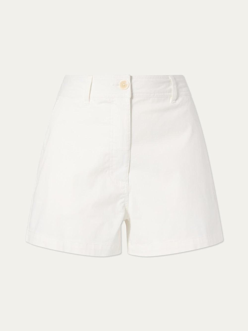 The We Norwegians Sol Shorts Women are white, high-waisted cotton-blend shorts featuring a front button and zipper, belt loops, and side pockets—perfect for summer and shown on a plain light background.