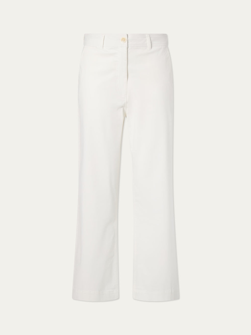 The Sol Pant Women by We Norwegians are white, high-waisted pants made from a soft cotton blend with straight legs and a button-zip closure, shown against a plain white background.