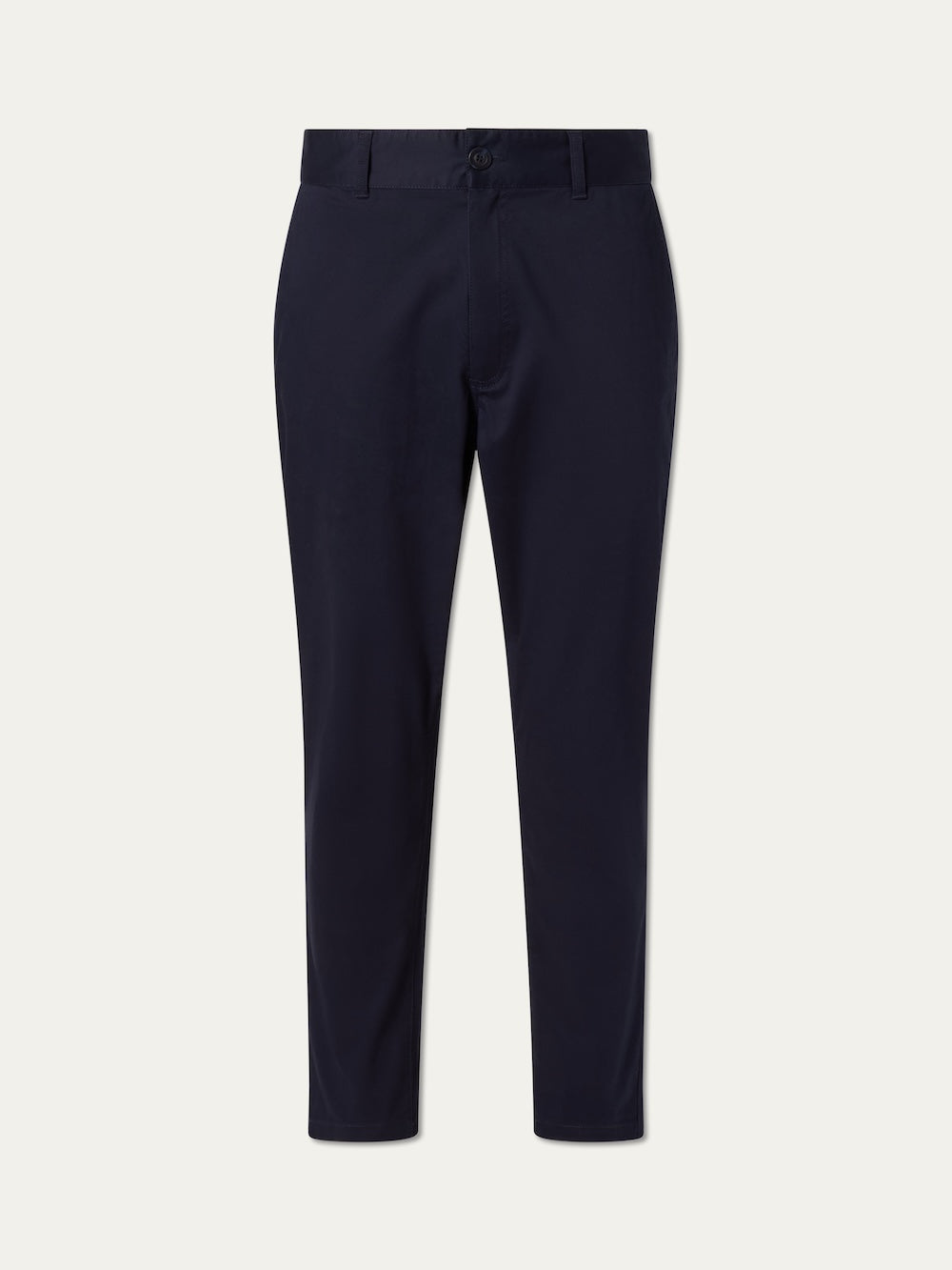 The Sol Pant Men by We Norwegians are dark navy blue, tailored fit men's pants with button and zipper closure, belt loops, and straight legs, shown against a light background.
