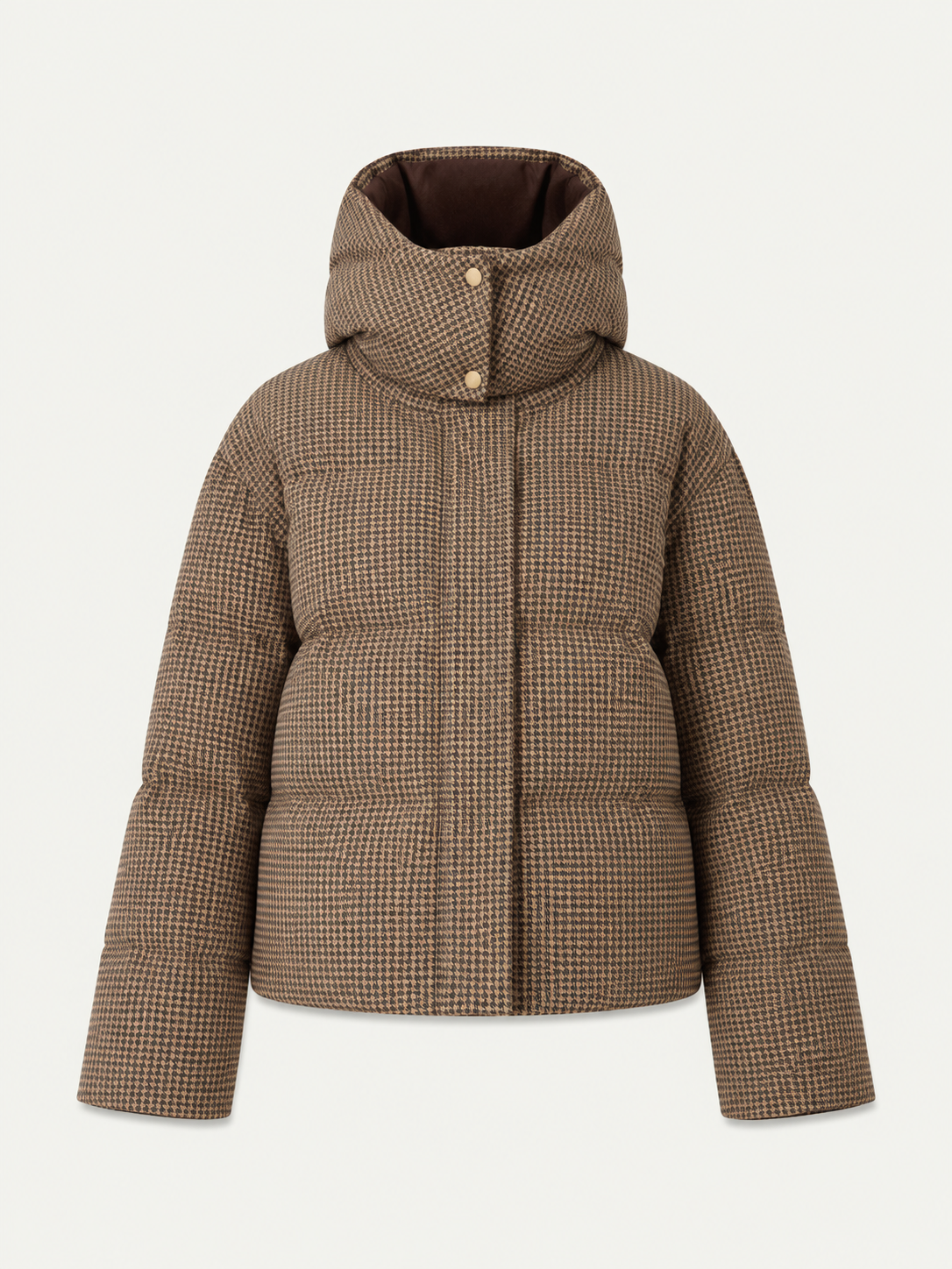 The We Norwegians Glenshee Ski Jacket Women is a brown and beige houndstooth puffer with down filling, high collar, hood, snap buttons, and long sleeves, shown on a plain white background.