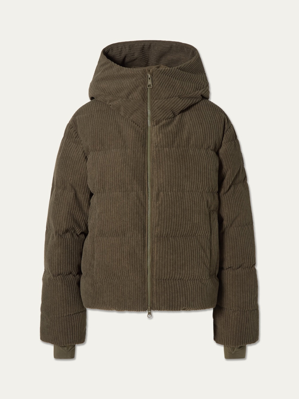 The Britt Ski Jacket Women by We Norwegians is an olive-green corduroy ski jacket with a front zipper, hood, and long sleeves—sustainably stylish and shown on a plain white background.