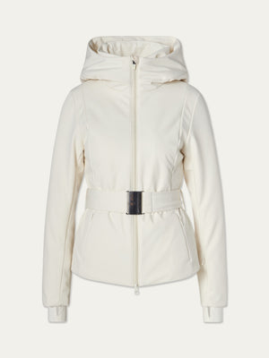 The Tyin Tailored Ski Jacket Women by We Norwegians is a white ski jacket with a front zipper, side pockets, and a matching waist belt with rectangular buckle, shown on a plain background.