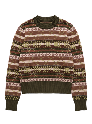 The Skye Sweater Women by We Norwegians is a merino wool knit featuring an intricate Fair Isle pattern in earthy shades of brown, green, pink, and beige with geometric shapes and lines. Finished with solid olive green ribbed cuffs, collar, and hem, this stylish sweater makes a cozy mid-layer for ski days.