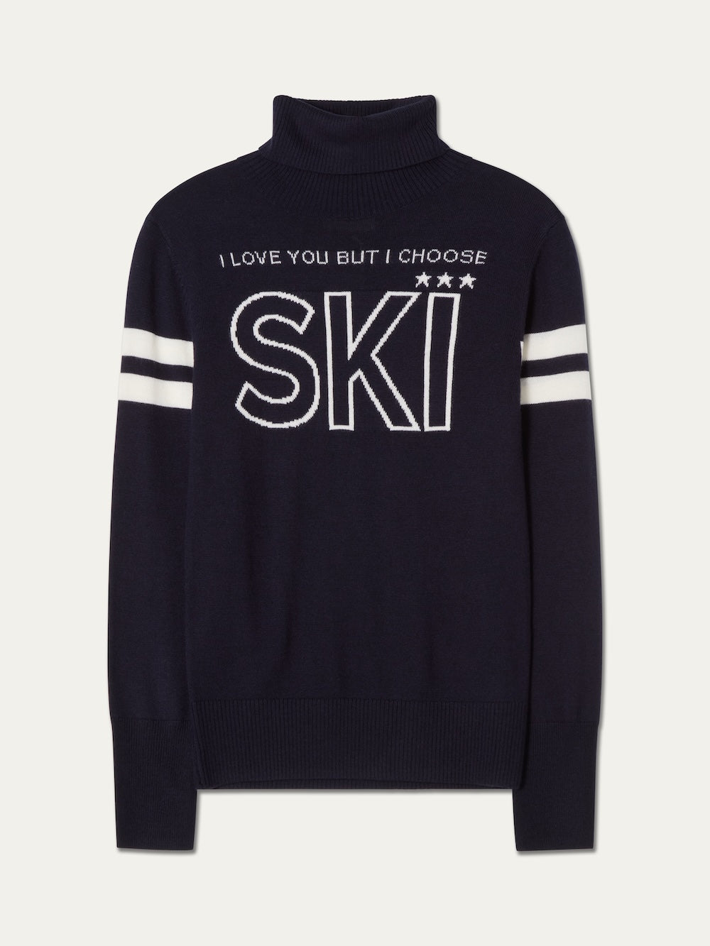 Introducing the Bibi Fitted Sweater Women by We Norwegians—a navy blue turtleneck sweater featuring white stripes on the sleeves and “I LOVE YOU BUT I CHOOSE SKI” printed in bold white text on the front. Effortlessly blending retro ski style with modern comfort, this stylish and cozy piece is perfect for après-ski or elevating your everyday look.