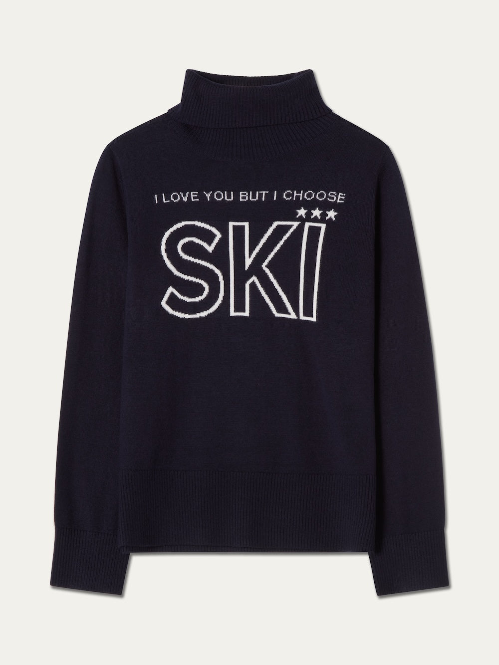 The We Norwegians Bibi Sweater Women is a black turtleneck featuring “I LOVE YOU BUT I CHOOSE SKI” and three white embroidered stars on the front, channeling retro ski style.