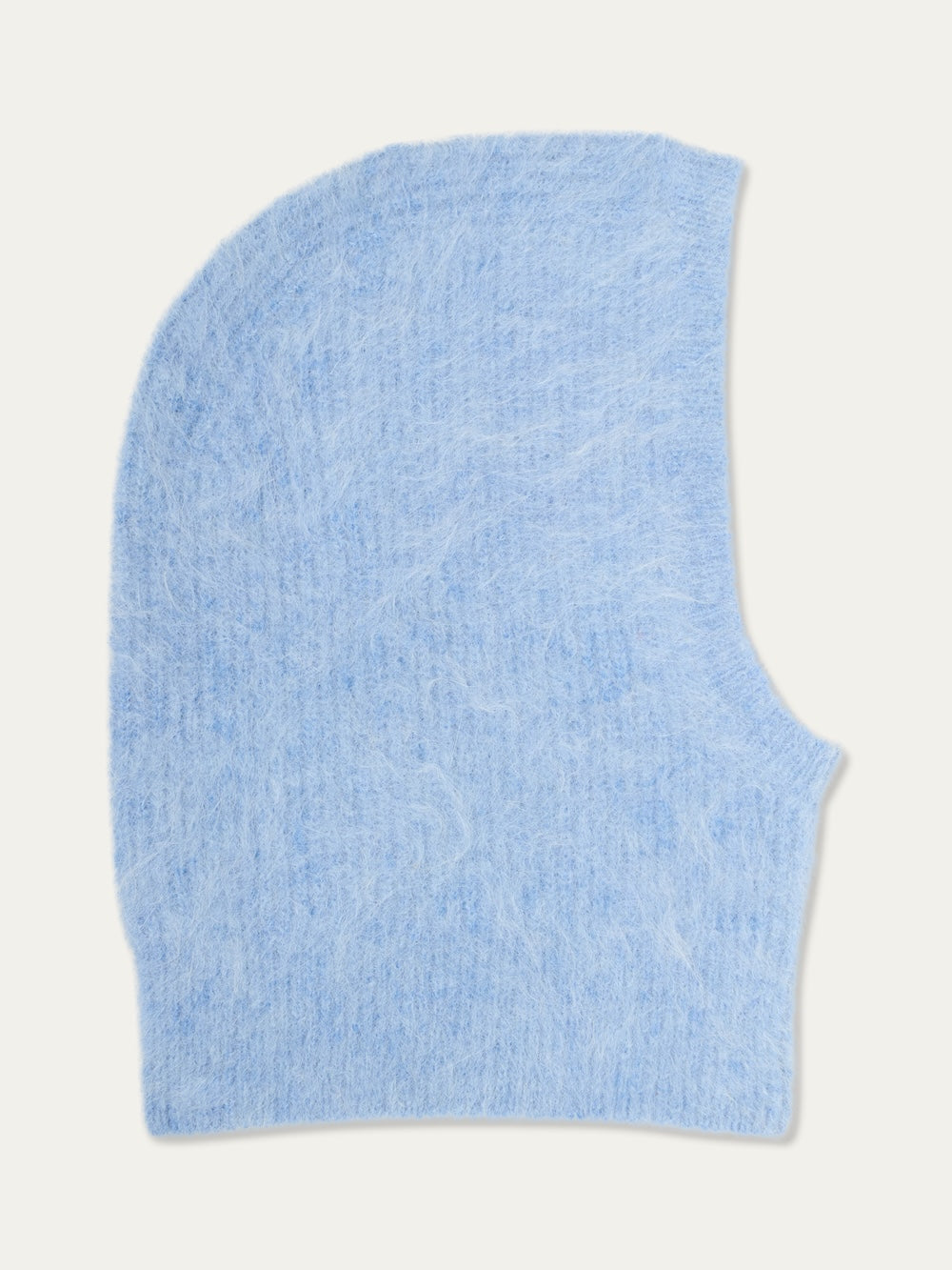 The We Norwegians Myrull Balaclava in light blue fuzzy knit is shown flat and side-facing with a right-side face opening against a white background.