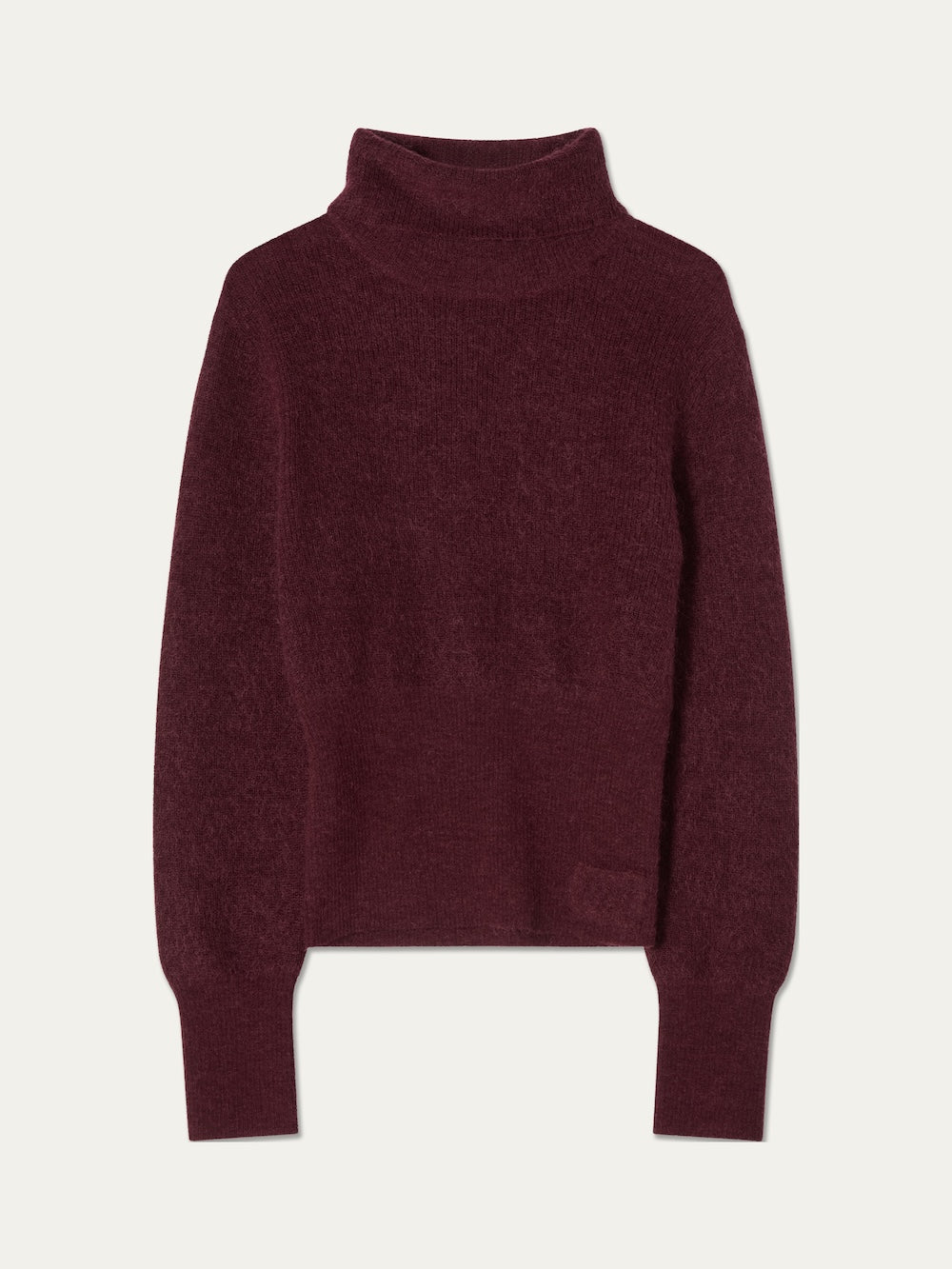 A We Norwegians Pudder Sweater Women in burgundy, featuring long sleeves and a turtleneck, crafted from soft, fuzzy mohair yarn and shown laid flat on a white background.